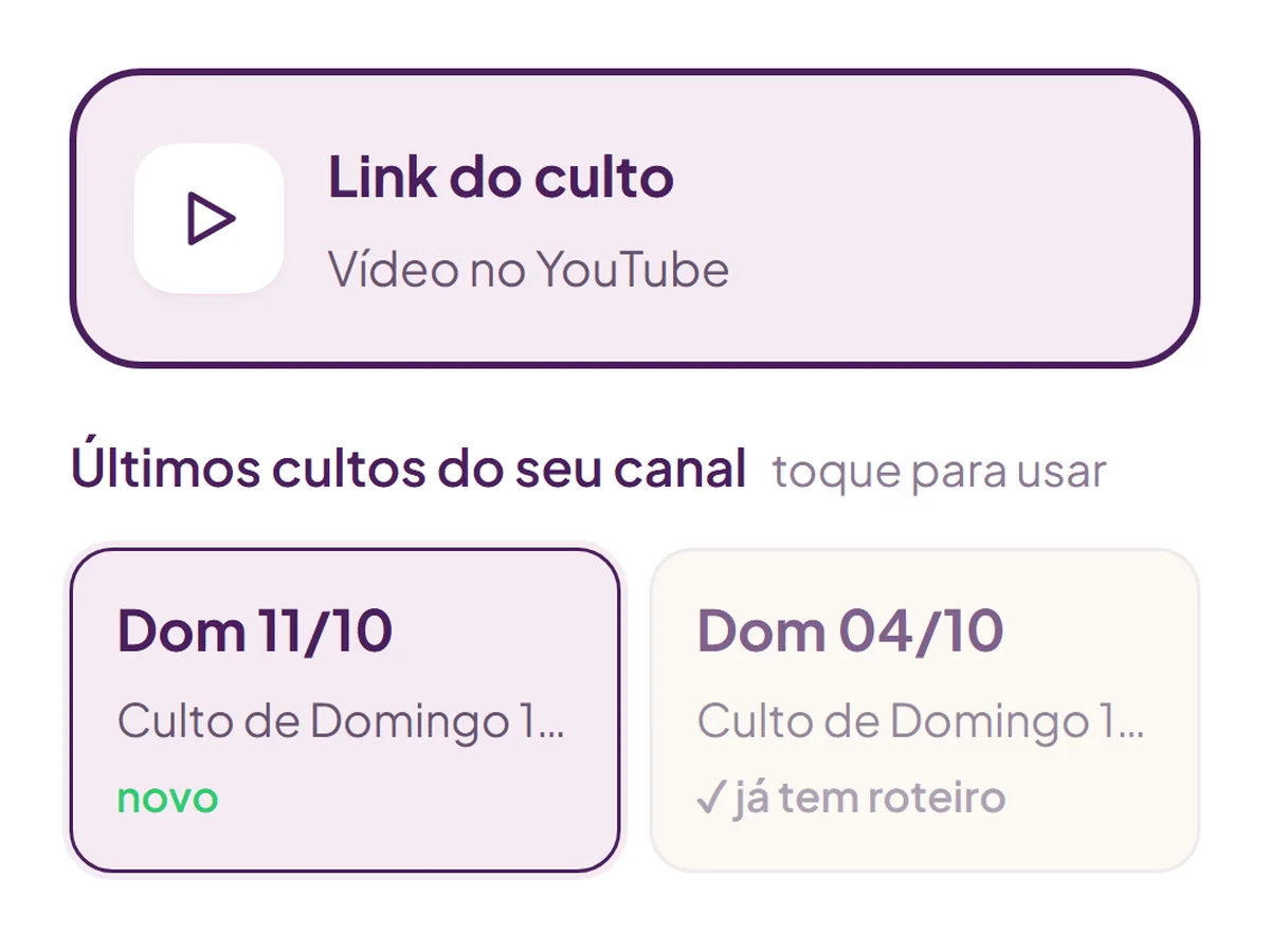 Opção Link do culto e os últimos cultos do canal, com o de domingo marcado como novo