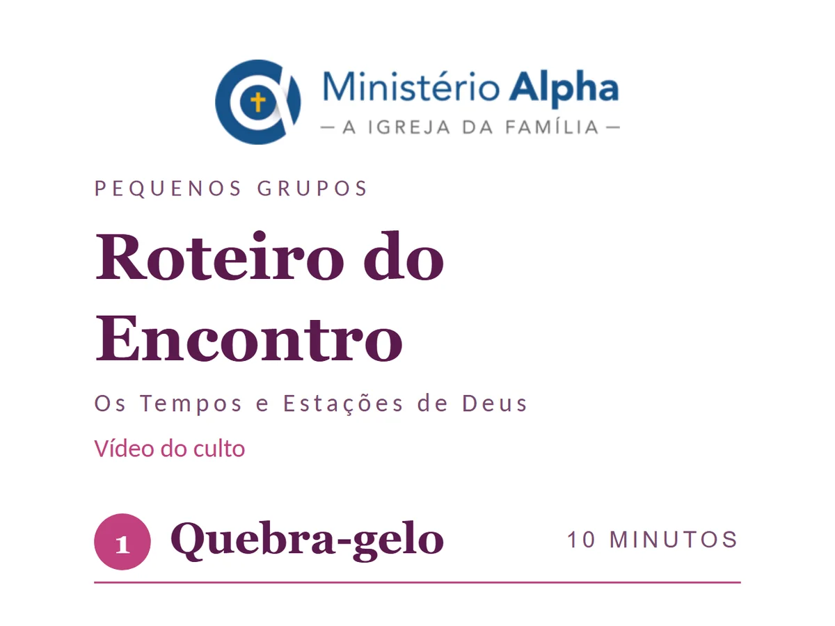 Começo de um roteiro pronto, com a logo da igreja, o título e o quebra-gelo