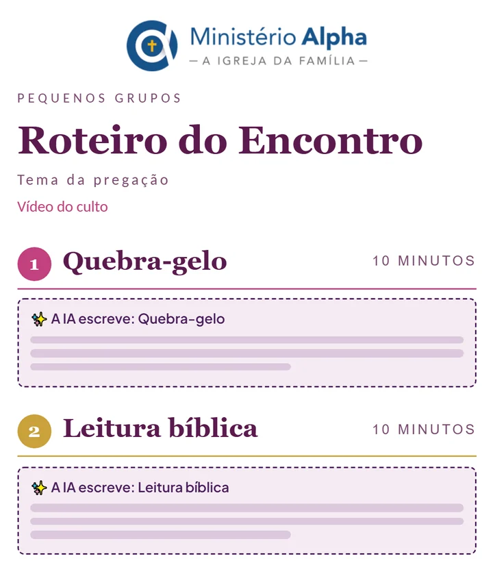 Roteiro no modelo Encontro, com a logo da igreja e as seções Quebra-gelo e Leitura bíblica